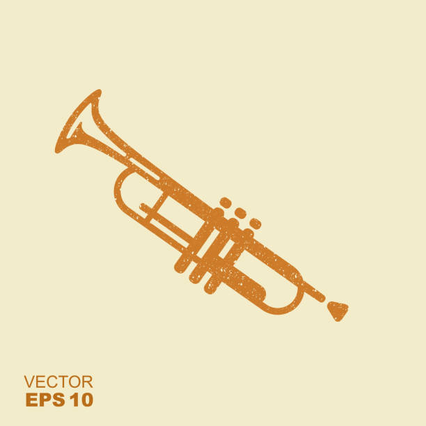 ilustraciones, imágenes clip art, dibujos animados e iconos de stock de icono de simple trompeta. icono de vector plano con efecto rayado en una capa independiente - brass instrument jazz brass trumpet