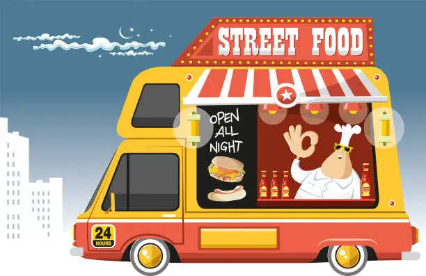 Vector illustration of Food truck and chef