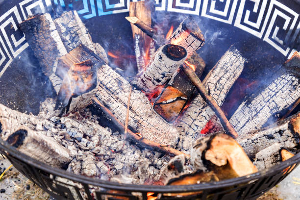 winter bonfire outdoors. Camping in the woods. Fire flame close up.