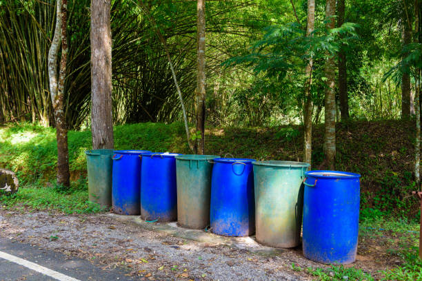 istock Plastic trash can are blue and green in a rows 1069609004