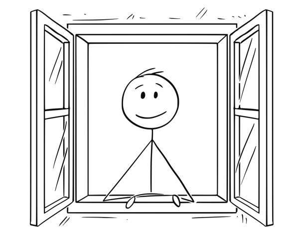 karikatur des menschen auf der suche durch offene fenster - behind glass concept hope stock-grafiken, -clipart, -cartoons und -symbole