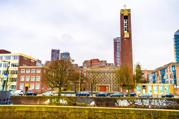 Rotterdam, Netherlands - March 23, 2018 - Street view of Mariakapel (Mary chapel), viewed from Vlasmarkt (Flax market)