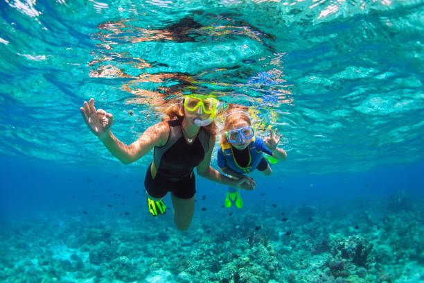 Mother, kid in snorkeling mask dive underwater with tropical fishes Happy family - mother, kid in snorkeling mask dive underwater with tropical fishes in coral reef sea pool. Show by hands divers sign OK. Travel lifestyle, beach adventure on summer holiday with child. raro stock pictures, royalty-free photos & images