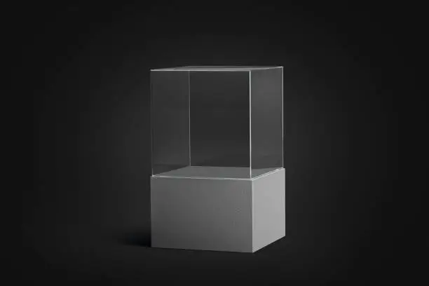 Blank white glass showcase mockup, isolated in darkness, side view, 3d rendering. Empty transparent cube on black background mock up. Glass acryl podium for presentation. Crystal display for expo.