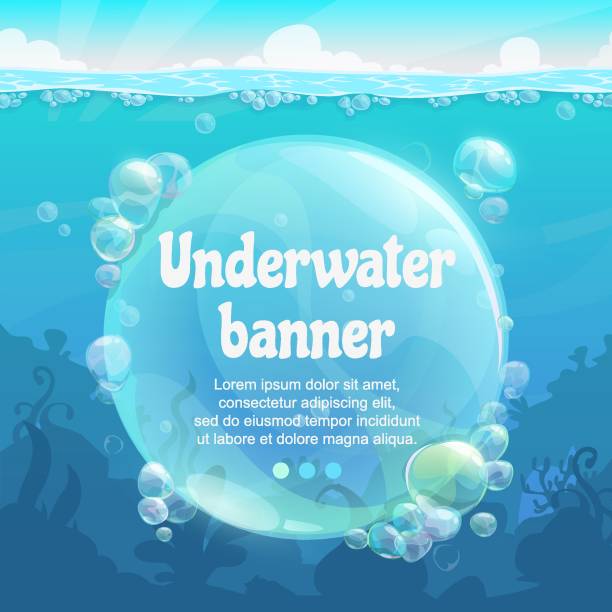 ilustrações, clipart, desenhos animados e ícones de banner subaquática com bolhas de ar brilhante no fundo do mar azul. - undersea