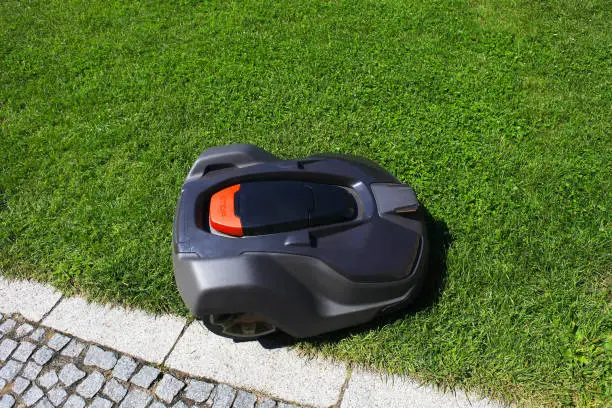 Summer landscape with green lawn and automatic robot lawnmower mows grass, top view