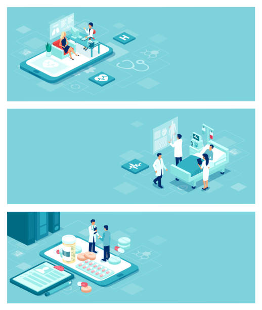 벡터 의료, 의사와 환자 관리 배너 개념 사람들 및 개체 - isometric healthcare and medicine doctor people stock illustrations