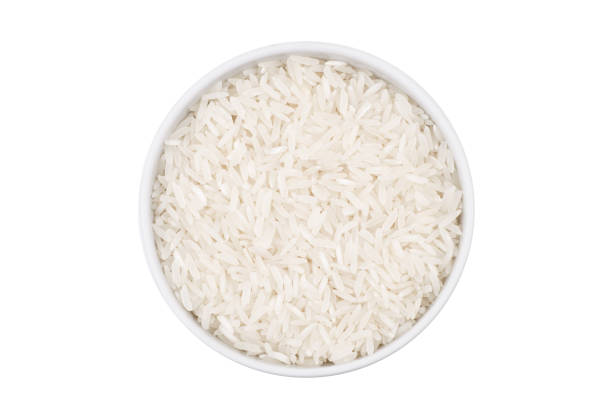 白い背景で隔離のご飯と 1 つのボウルのトップ ビュー - clipping path rice white rice basmati rice ストックフォトと画像