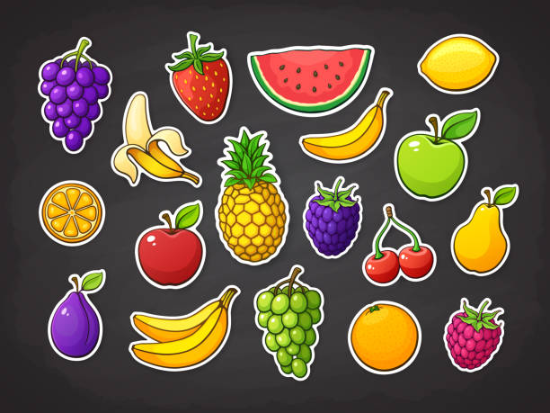 ilustraciones, imágenes clip art, dibujos animados e iconos de stock de ilustración de vector. conjunto de frutas de verano. fresa, frambuesa, mora, cereza, sandía, manzana, pera, naranja, limón, piña, ciruela, uva, rebanada de sandía. pegatinas con contorno - fruit apple orange lemon