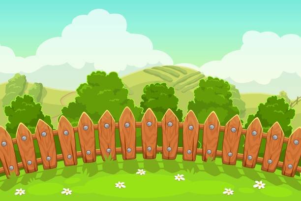 illustrations, cliparts, dessins animés et icônes de paysage de bocage avec barrière en bois, herbe, arbres, collines et ciel nuageux. - farm fence