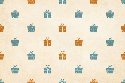 Vector Illustration of a semi seamless Xmas grunge background (design only, not grunge)  Vintage colours, beige, pale green blue and dull orange brown wrapped up gift boxes, over a pale yellowish grunge backdrop. No text, no people, Can be used as a wallpaper, Xmas or New Year background, birthday celebration background, gift wrapping sheet . The gift boxes are wrapped up by a ribbon and tied into a two looped bow with forked ends. The gift boxes have a dotted curved pattern detail.  The boxes are uniformly / evenly placed over the yellowish beige colored backdrop.