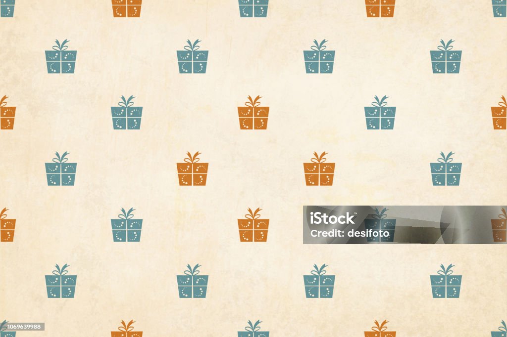 Vector Illustration of a semi seamless Xmas grunge background (design only, not grunge)  Vintage colors, beige, with wrapped up gift boxes over pale grunge background Vector Illustration of a semi seamless Xmas grunge background (design only, not grunge)  Vintage colours, beige, pale green blue and dull orange brown wrapped up gift boxes, over a pale yellowish grunge backdrop. No text, no people, Can be used as a wallpaper, Xmas or New Year background, birthday celebration background, gift wrapping sheet . The gift boxes are wrapped up by a ribbon and tied into a two looped bow with forked ends. The gift boxes have a dotted curved pattern detail.  The boxes are uniformly / evenly placed over the yellowish beige colored backdrop. Backgrounds stock vector