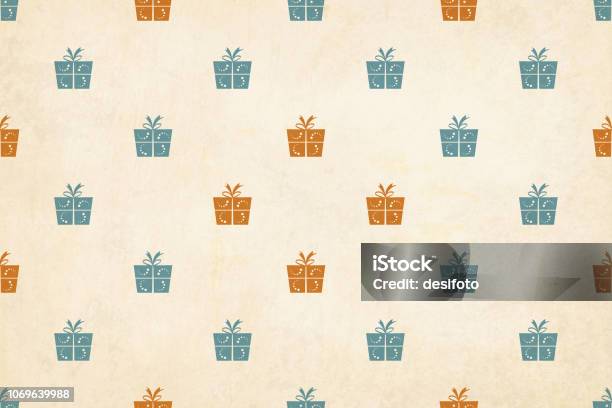 Vector Illustration Of A Semi Seamless Xmas Grunge Background Vintage Colors Beige With Wrapped Up Gift Boxes Over Pale Grunge Background Stock Illustration - Download Image Now