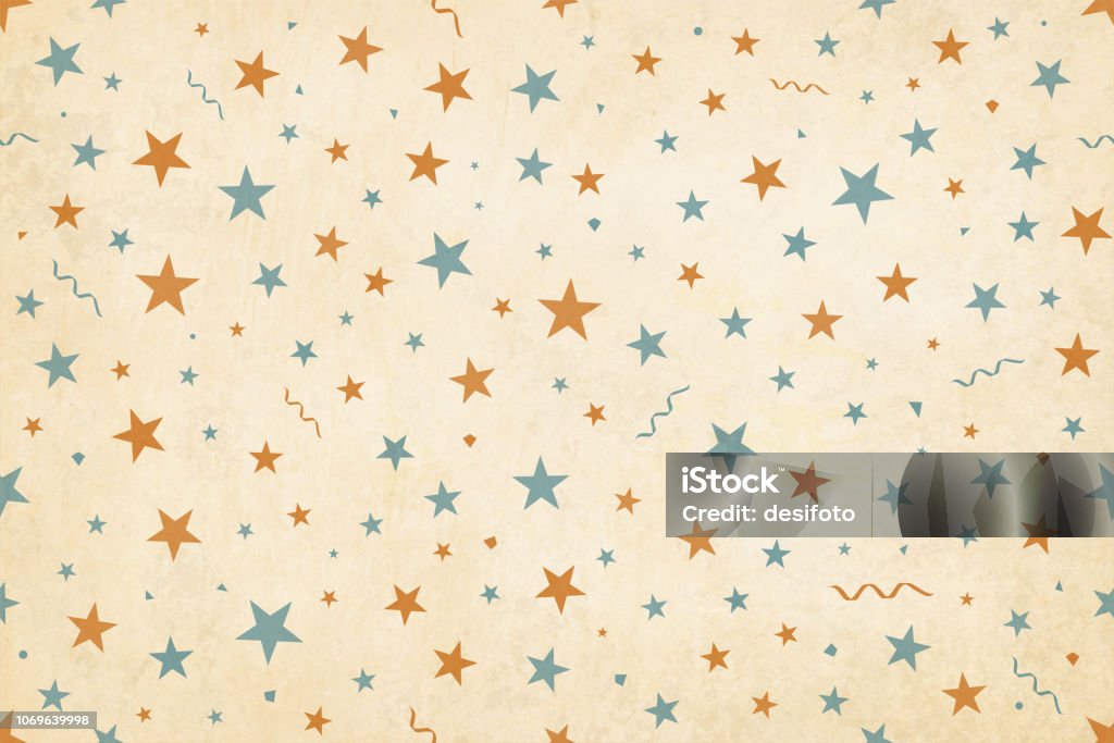 Vector Illustration of a semi seamless Xmas background (design only, not grunge) in Vintage colors, beige, pale blue and dull orangish brown, party and celebration elements like swirls, stars, confetti on a pale grunge beige background Vector Illustration of a semi seamless Christmas vector starry background (design only, not grunge) in Vintage colours, beige, pale blue and dull orange brown, party and celebration elements like swirls, stars, confetti on a pale grunge beige background. The elements are scattered randomly over the backdrop and are of varying sizes, small, very small and medium Confetti stock vector