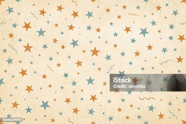 Vector Illustration Of A Semi Seamless Xmas Background In Vintage Colors Beige Pale Blue And Dull Orangish Brown Party And Celebration Elements Like Swirls Stars Confetti On A Pale Grunge Beige Background Stock Illustration - Download Image Now