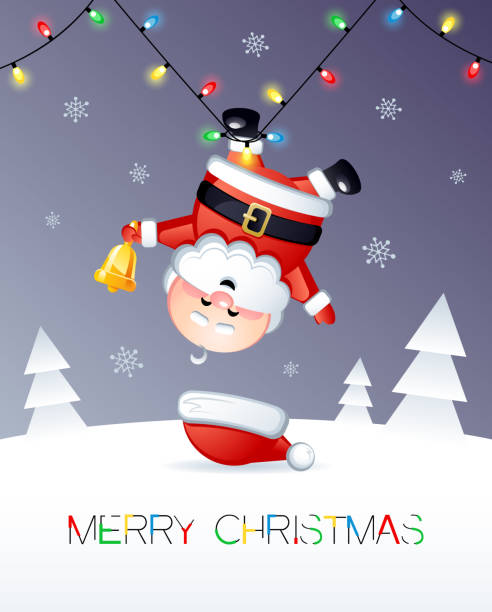 istock Merry Christmas. Greeting card with funny Santa Claus hanging upside down. 1069640978