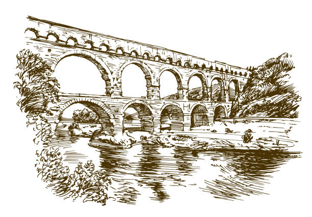 ilustraciones, imágenes clip art, dibujos animados e iconos de stock de pont du gard, francia. - roman aqueduct