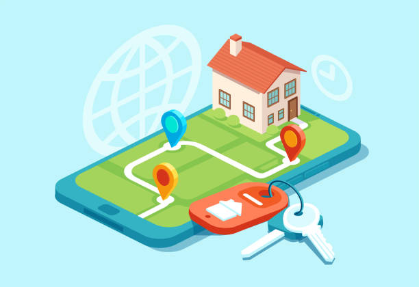 вектор модельного дома на карте, ключи от дома и иконки, недвижимость - real estate house key backgrounds stock illustrations