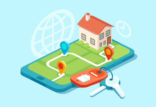istock Vector of a model house on a map, house keys and icons, real estate 1069650818