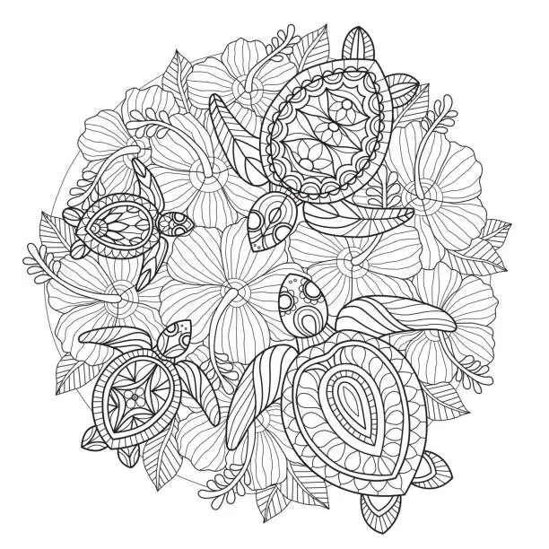 Vector illustration of Hand drawn illustration of hawaiian turtle in zentangle style