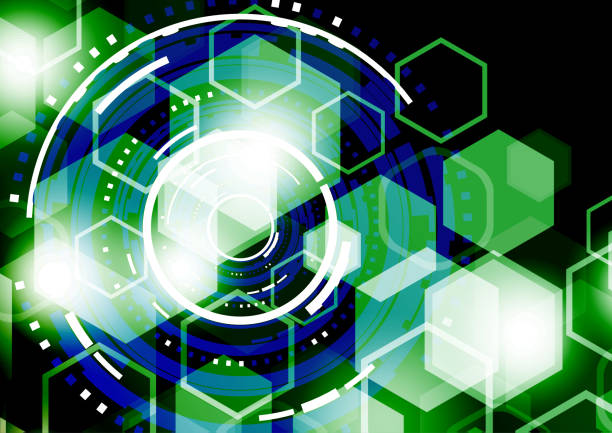 istock Bright abstract circles and hexagons on a dark background. The concept of communication design, innovation, digital technology, security. Vector illustration 1069651436