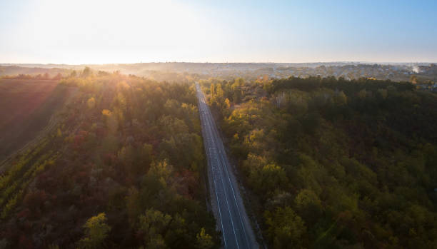 istock Aerial view of the road through fall forest 1069652814