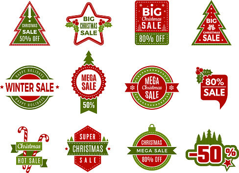 Winter holiday sales. Christmas badges or labels retail discount deals holidays special offers of new year vector template. Christmas discount badge, sale offer to holiday xmas illustration