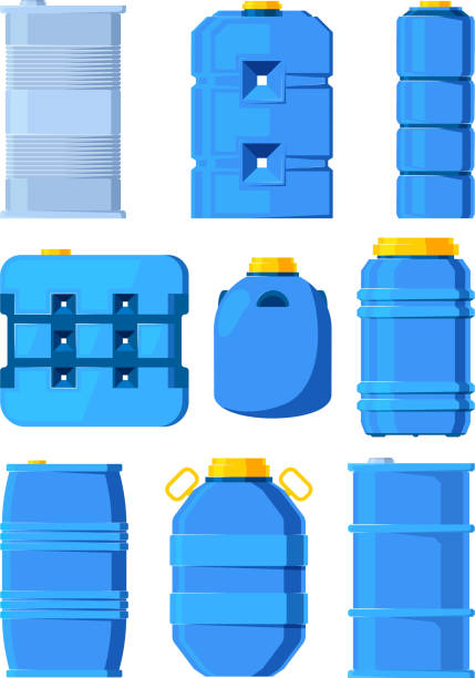 wassertanks. reihe von verschiedenen fässer im cartoon-stil - stahlfass stock-grafiken, -clipart, -cartoons und -symbole