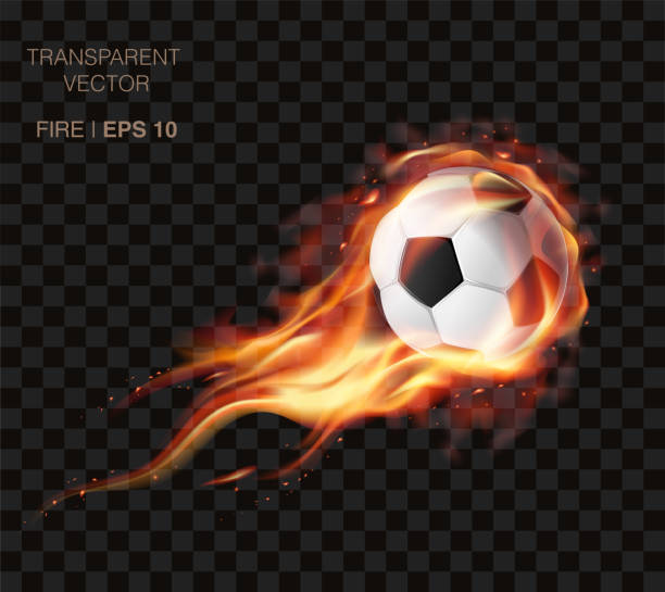 illustrazioni stock, clip art, cartoni animati e icone di tendenza di pallone da calcio vettoriale realistico in fiamme e logo per la squadra di calcio, modello di distintivo - fireball