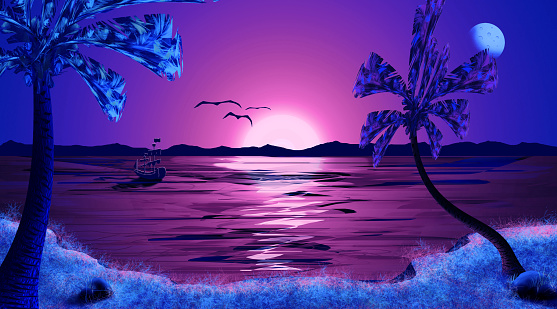 Beautiful Tropical Sunset Night Sky Sea Landscape Wallpaper Design Stock  Illustration - Download Image Now - iStock