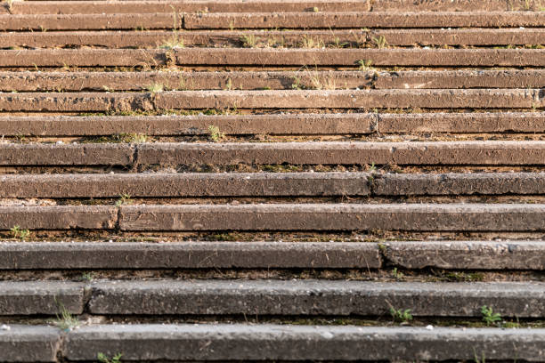 Concrete staircase overgrown with grass, without railing. Old outdoor stone steps.