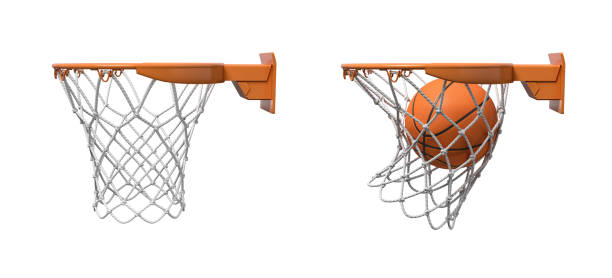 istock 3d rendering of two basketball nets with orange hoops, one empty and one with a ball falling inside. 1069665732