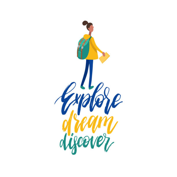 ilustrações de stock, clip art, desenhos animados e ícones de vector flat illustration of walking girl with backpack in minimalist style. explore, dream, discover, handwritten phrase - travel ipad isolated backpack