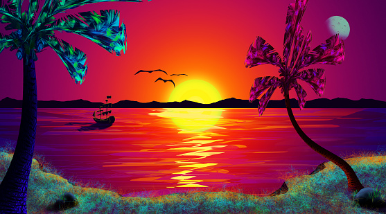 Beautiful Tropical Sunset Night Sky Sea Landscape Wallpaper Design Stock  Illustration - Download Image Now - iStock