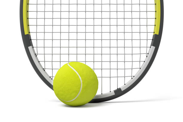 istock 3d rendering a single tennis racquet lying with a yellow ball on white background. 1069678188