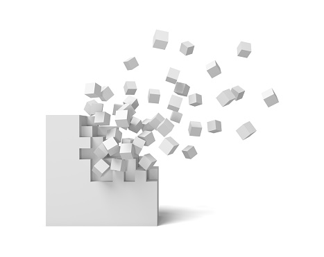 Render 3D de un cuadrado blanco sobre un fondo blanco a partir Haz destruido pieza por pieza. photo