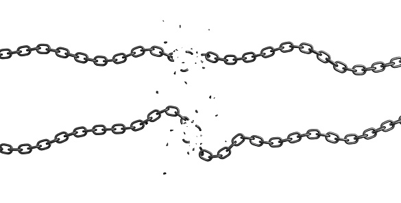 representación 3D de dos cadenas de cadena de mentira encrespada sobre un fondo blanco con sus vínculos rotos y vuelo hacia fuera. T photo