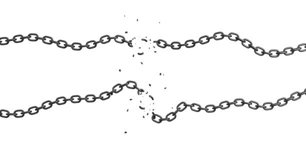 3d rendering of two strings of chain lying curled on a white background with their links broken and flying out. T 3d rendering of two strings of chain lying curled on a white background with their links broken and flying out. Torn chain. Broken link. Weak metal chain. broken chain stock pictures, royalty-free photos & images