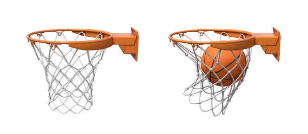 istock 3d rendering of two basketball nets with orange hoops, one empty and one with a ball falling inside. 1069678318