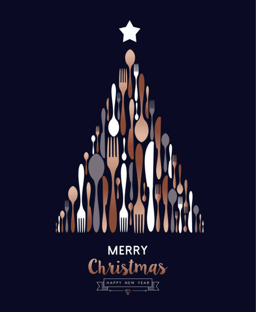 ilustrações de stock, clip art, desenhos animados e ícones de christmas and new year copper cutlery tree card - christmas dinner