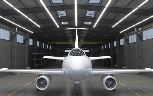 3d illustration. Hangar for modern jet aircraft. Repair shop