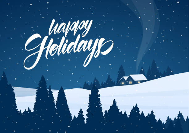 Vector illustration: Winter snowy christmas landscape with cartoon houses and handwritten lettering of Happy Holidays Vector illustration: Winter snowy christmas landscape with cartoon houses and handwritten lettering of Happy Holidays. happy holidays short phrase illustrations stock illustrations