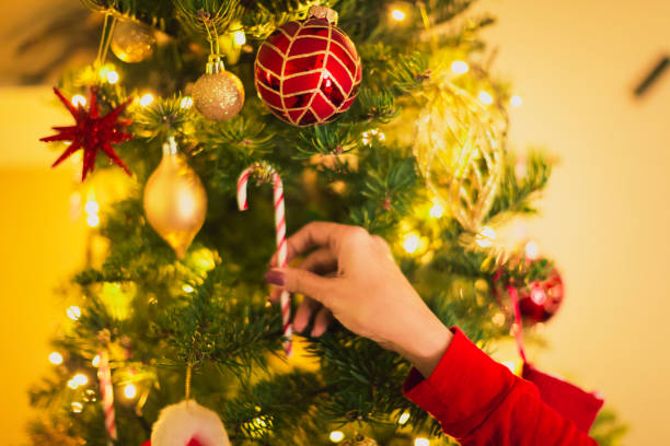 istock Woman decorating Christmas tree with candy cane 1069685068