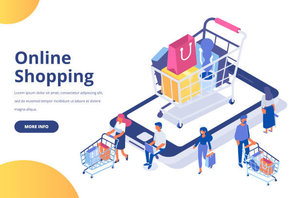 online nákupní izometrický koncept. lidé nakupují online. - online nakupování stock ilustrace