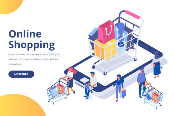 Online shopping isometric concept. People making online shopping. Isometric laptop. Flat vector design isolated on white background. online shopping illustrations stock illustrations