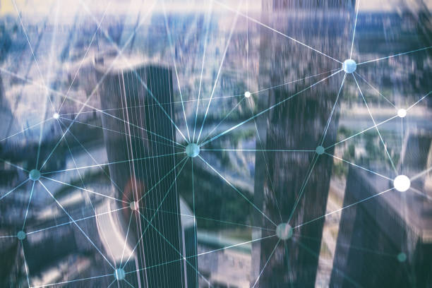 istock Blockchain network on blurred skyscrapers background. Financial technology and communication concept. 1069687404
