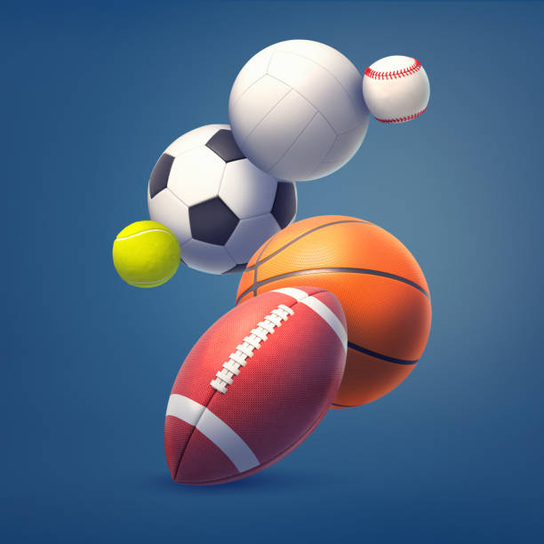 3d-rendering sammlung von mehreren spielbälle der sport wie fußball, fußball und tennis, fliegen auf einem dunkelblauen hintergrund. - sport ball sphere competition stock-fotos und bilder