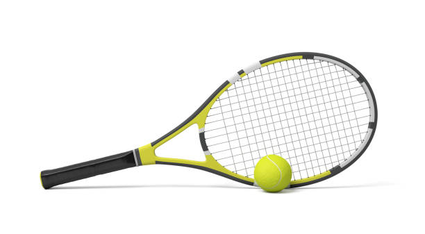 istock 3d rendering a single tennis racquet lying with a yellow ball on white background. 1069687818