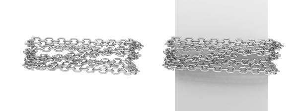 istock 3d rendering of a two pieces of chain messily fastened around a white post and around empty space. 1069687990