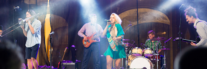 Rock group playing on the concert at night.